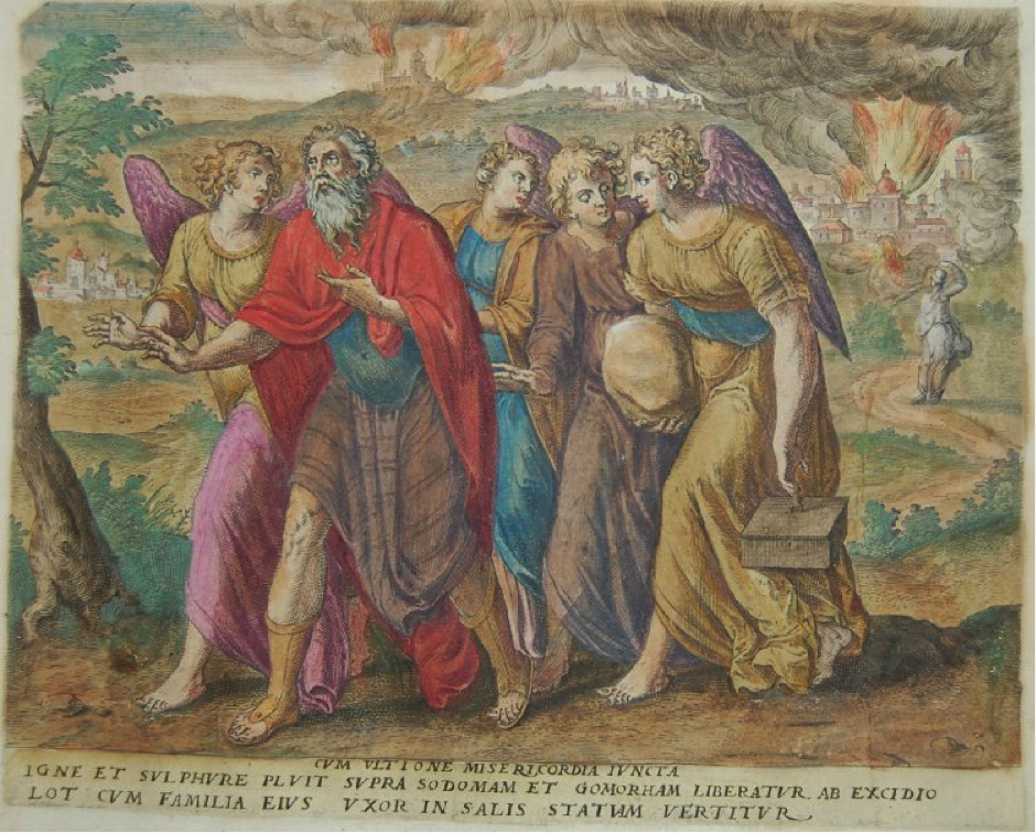 Lot and his family escaping from Sodom and Gomorrah, print by Gerard de Jode’s in Thesaurus sacrarum historiarum veteris testament (1585).